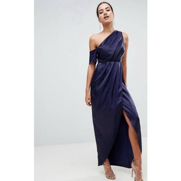 Navy Draped Dress One-Shoulder Satin Sz 10 Slit Evening Cocktail Blue Long ASOS - Picture 9 of 16